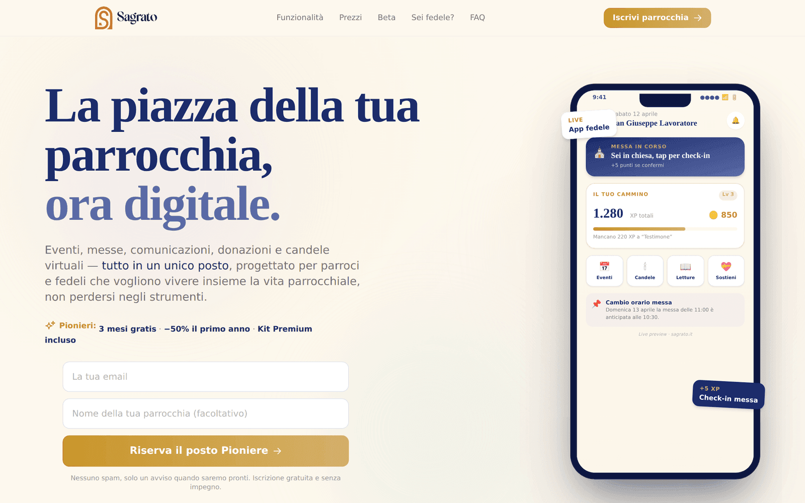 The Sagrato landing page with the faithful-app preview