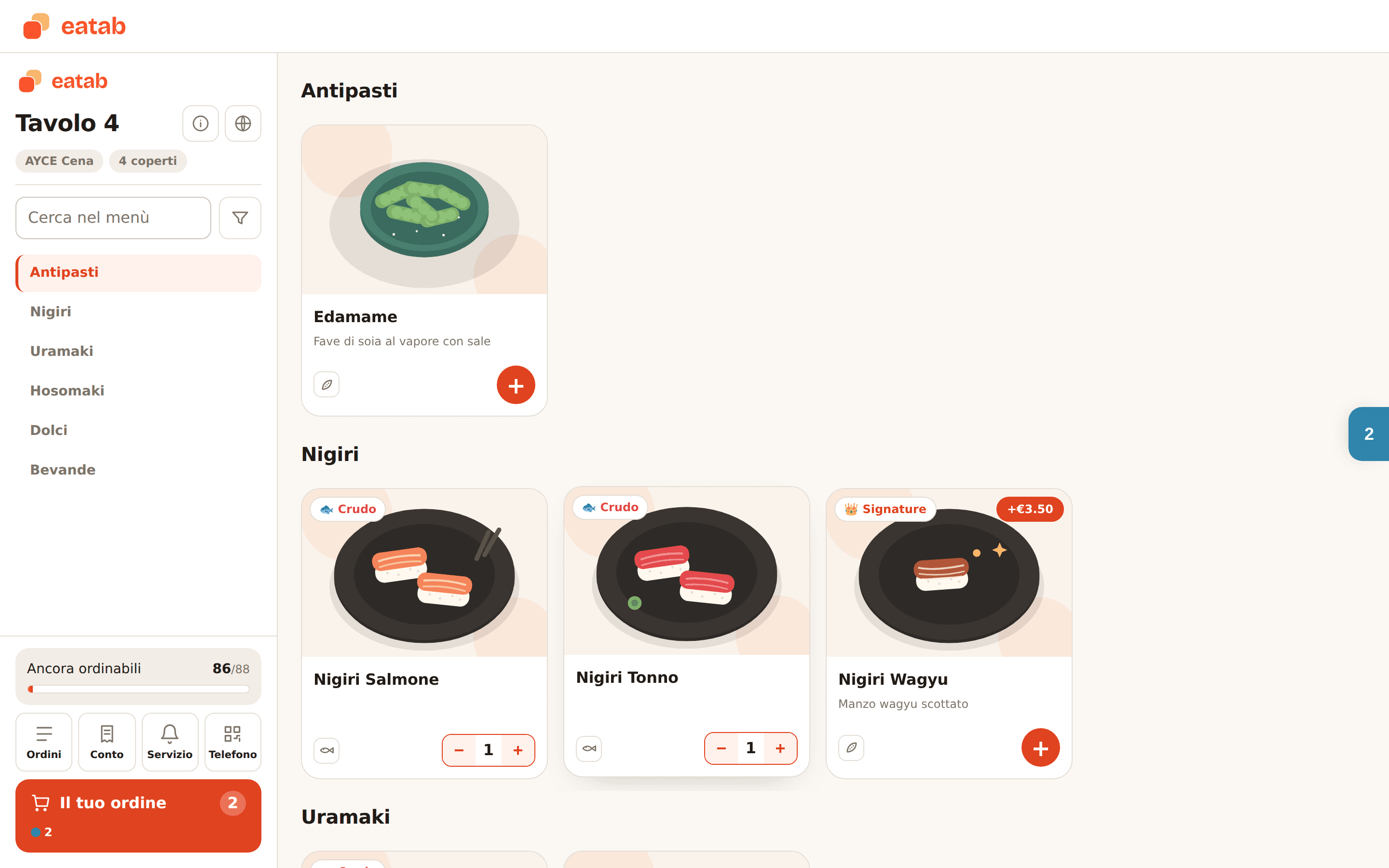 Il menu di Eatab sul tablet al tavolo