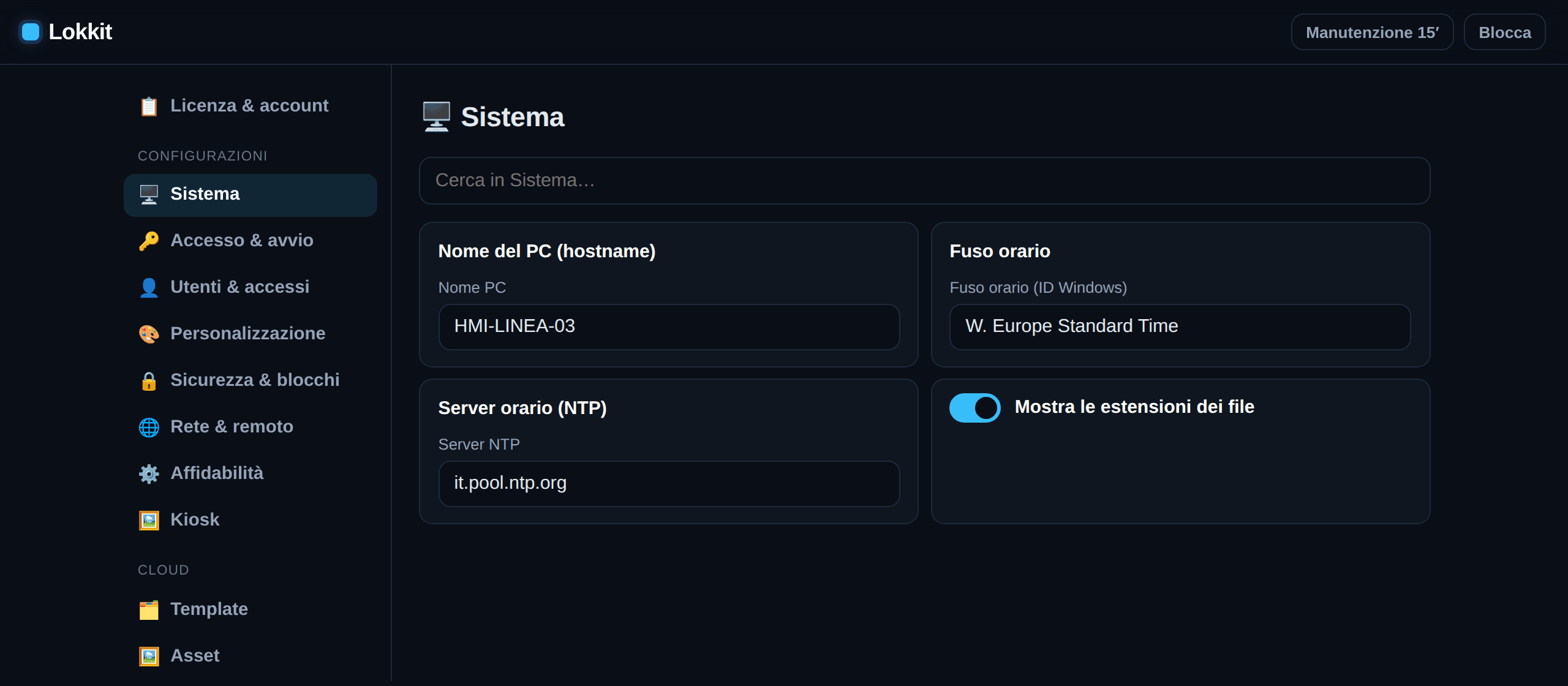 La console di Lokkit con i controlli di sistema della postazione Windows