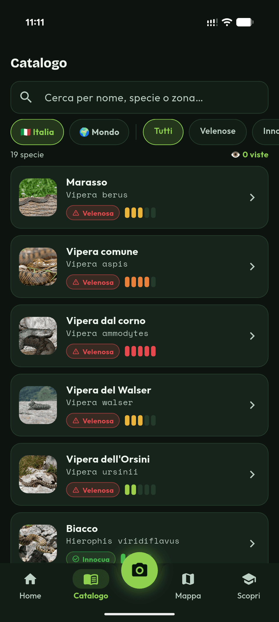 Il catalogo delle specie di Serpidex, con le schede dei serpenti italiani
